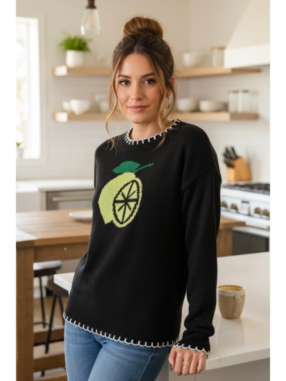 Lemon Intarsia Knit Blanket-Stitch Crew Neck Top Long Sleeve Pullover Sweater